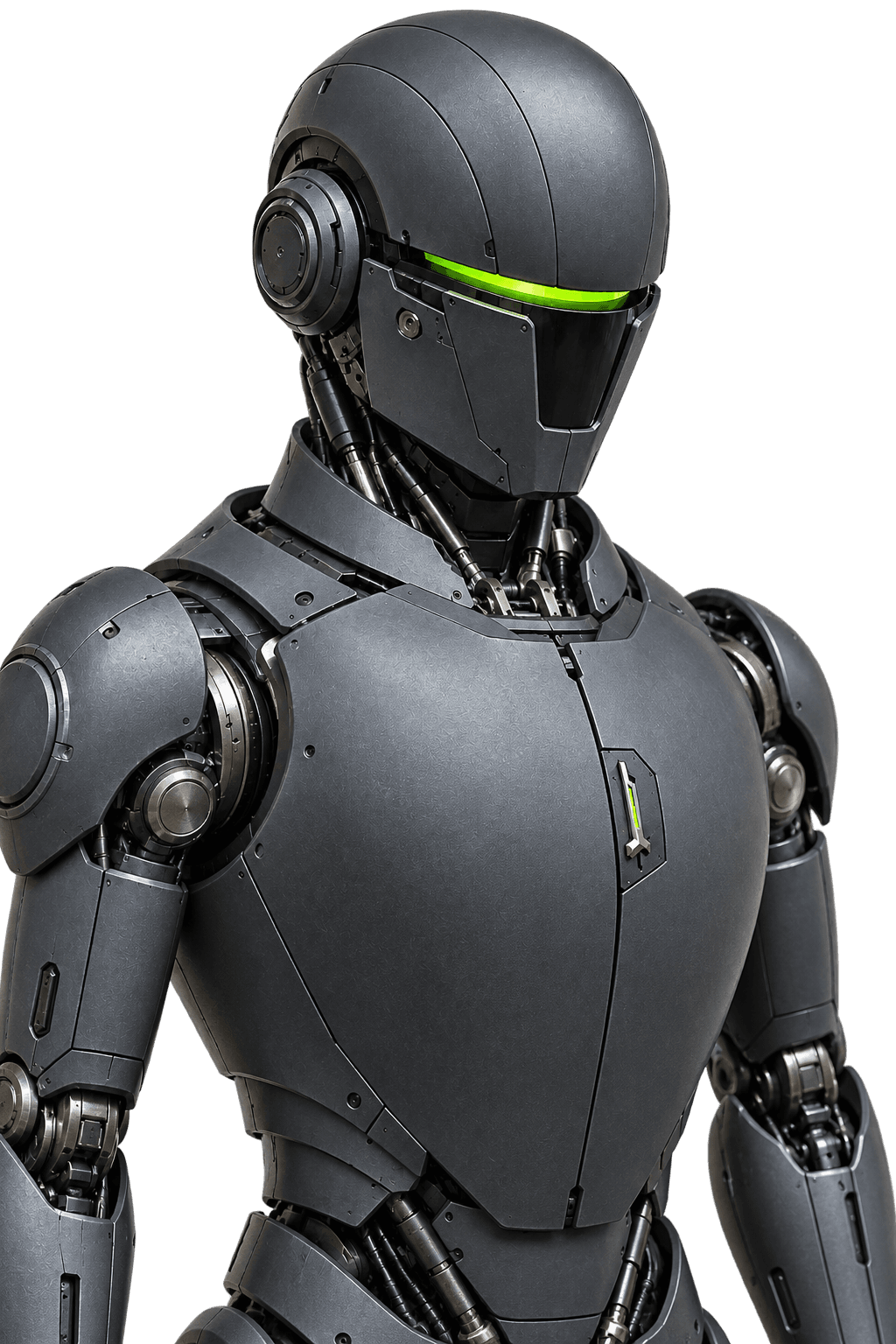 Nation robotic citizen with matte graphite panels, precision titanium joints and an inset Nation tower emblem